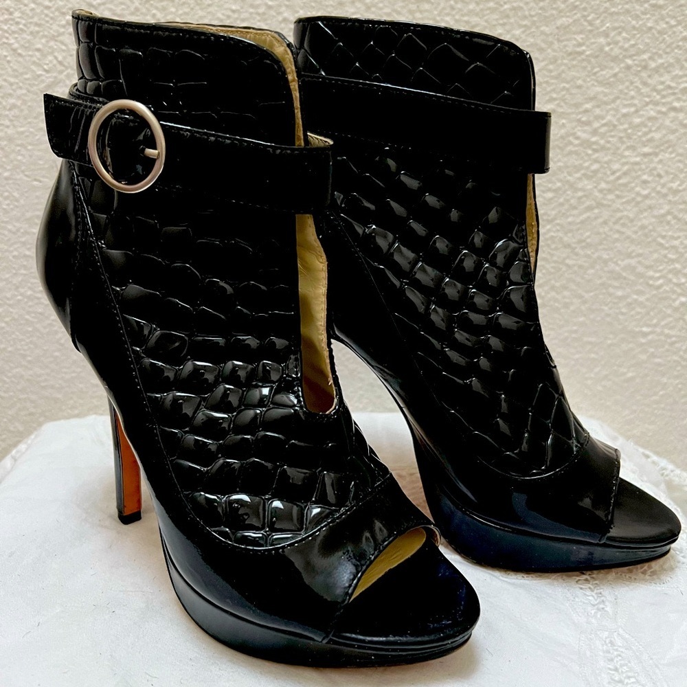 Velvet Angels Peepshow Patent Leather, Peep Toes Booties